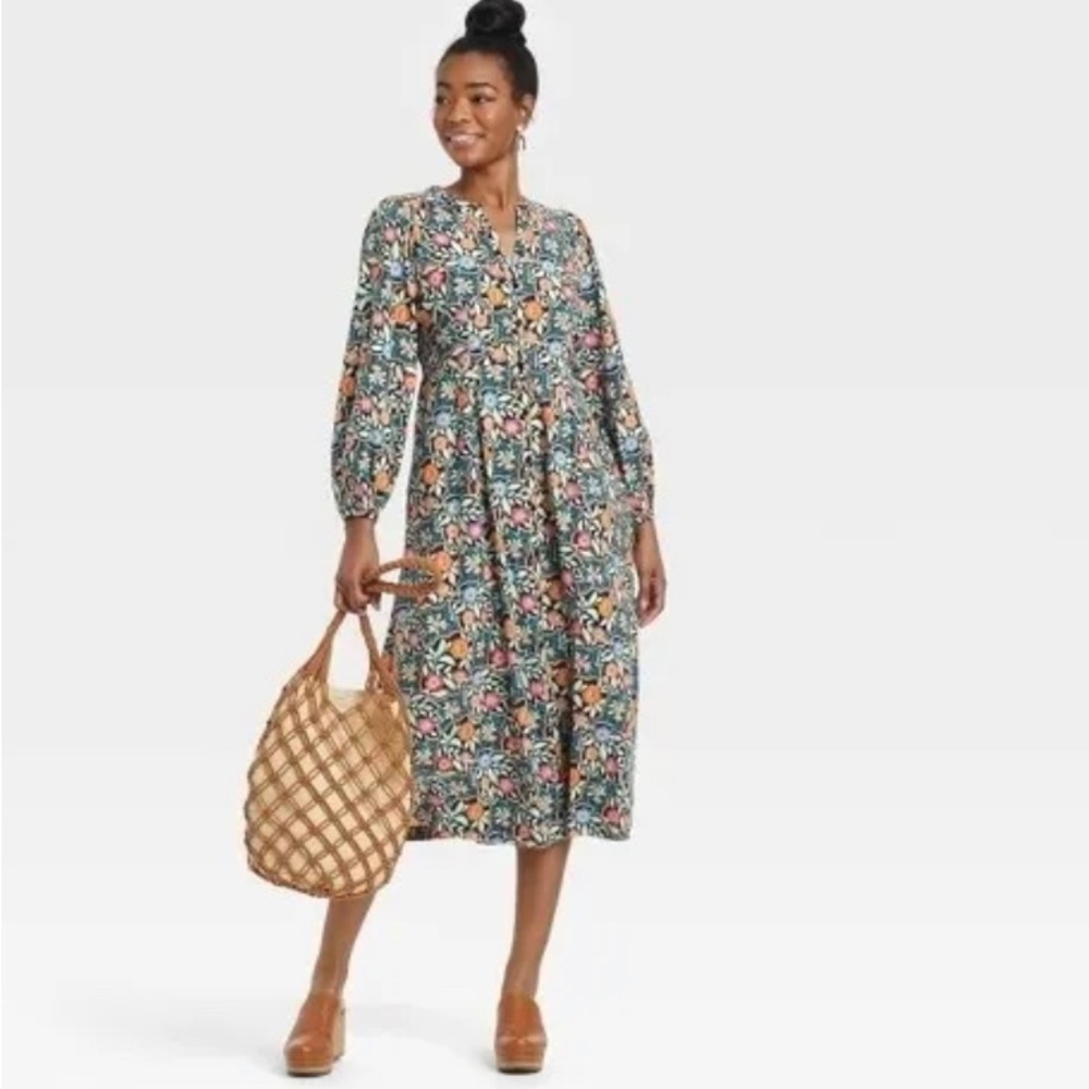 Women's Balloon Long Sleeve Button-Front Dress (Blue Floral) - Universal Thread